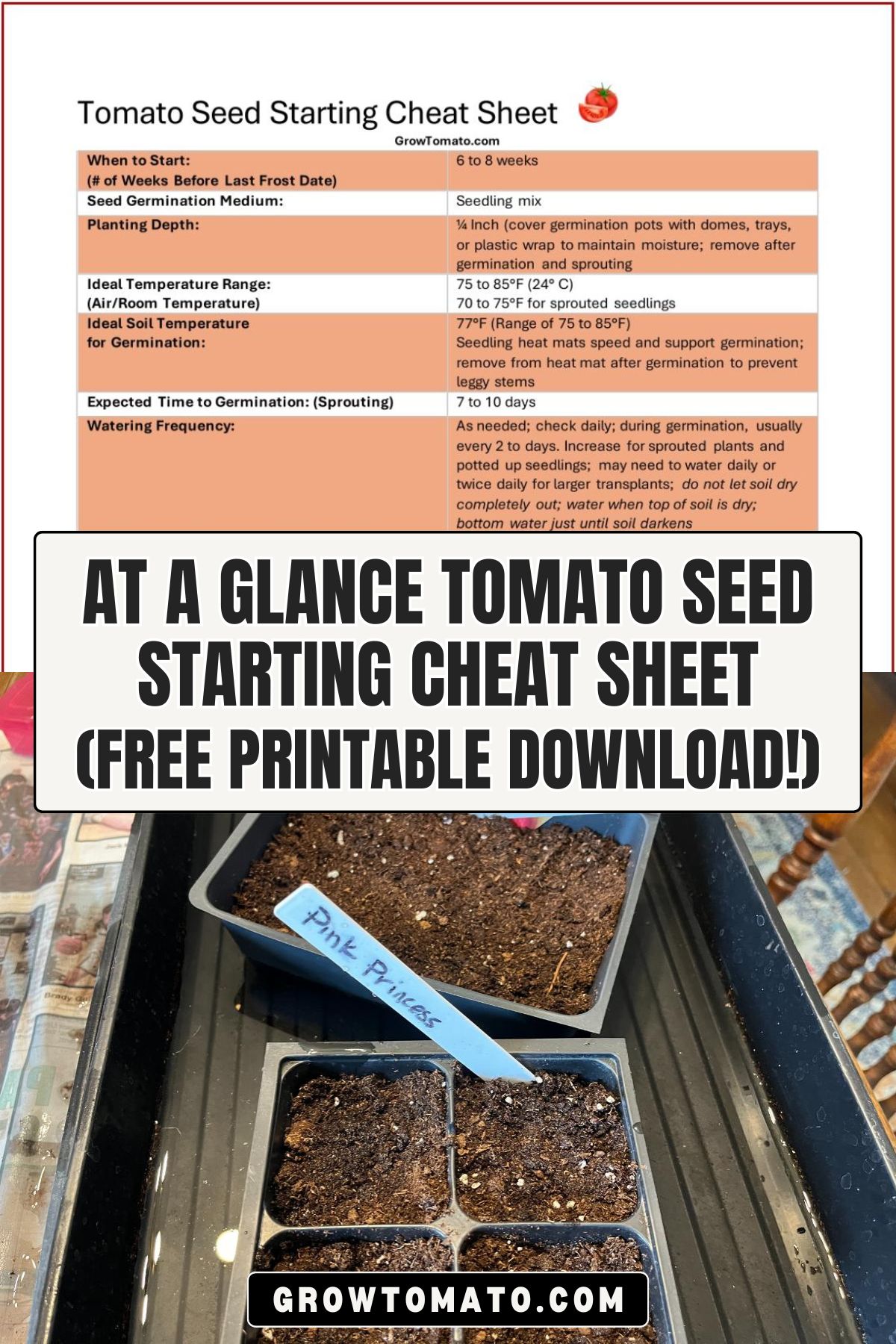 At A Glance Tomato Seed Starting Cheat Sheet (Free Printable Download!) pinterest image